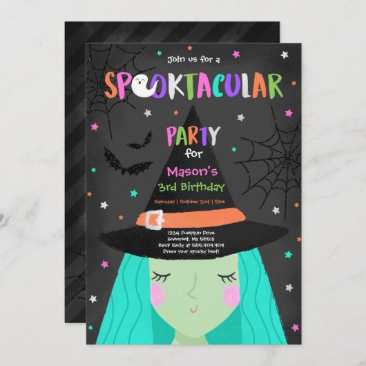 ハロウィーンかわいい魔女の誕生日パーティスポオクタキュラー 招待状 (正面/裏面)
