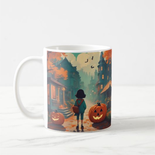 ハロウィーンこうもりカボチャと失った女の子 コーヒーマグカップ (左)