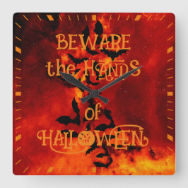 ハロウィーンこうもりシルエット炎の手に注意 スクエア壁時計