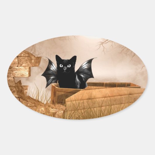 ハロウィーンこうもり猫 楕円形シール (正面)
