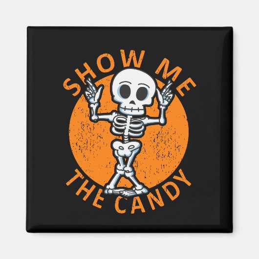 ハロウィーンでキャンディのスケルトンを見せる マグネット (正面)