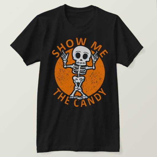 ハロウィーンでキャンディのスケルトンを見せる Tシャツ (デザイン正面)