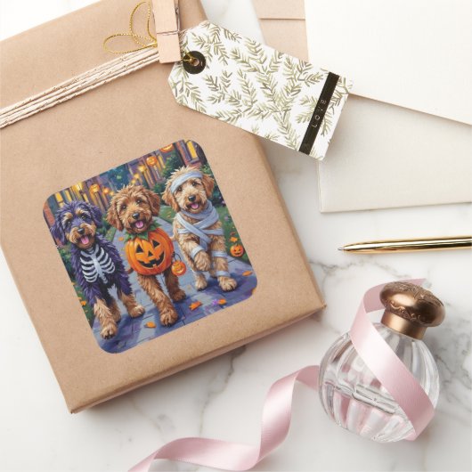 ハロウィーンでベルネドードルドッグズトリックまたはトリートメント スクエアシール (ギフト)