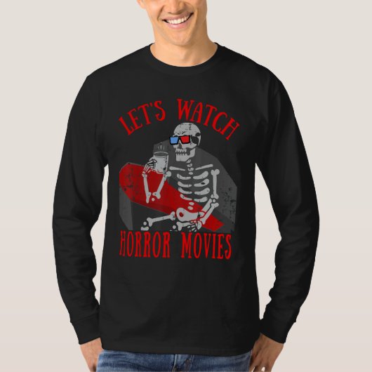 ハロウィーンでホラー映画を見るスケルトン棺 Tシャツ (正面)
