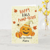 ハロウィーンで友達に笑顔かわいいジャック・o・ランタン カード (黄色い花)