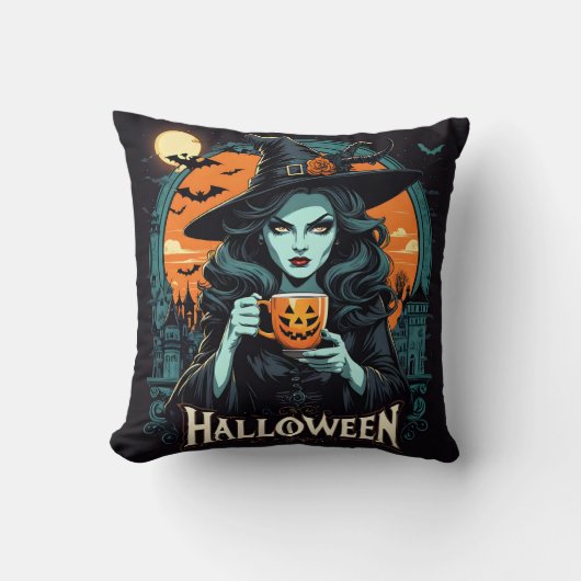 ハロウィーンにカボチャのマグを持つ魔女 クッション (正面)
