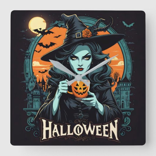 ハロウィーンにカボチャのマグを持つ魔女 スクエア壁時計 (正面)
