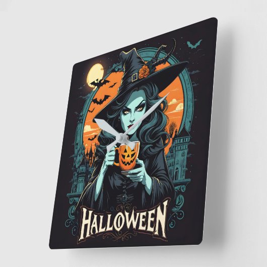 ハロウィーンにカボチャのマグを持つ魔女 スクエア壁時計 (傾斜)