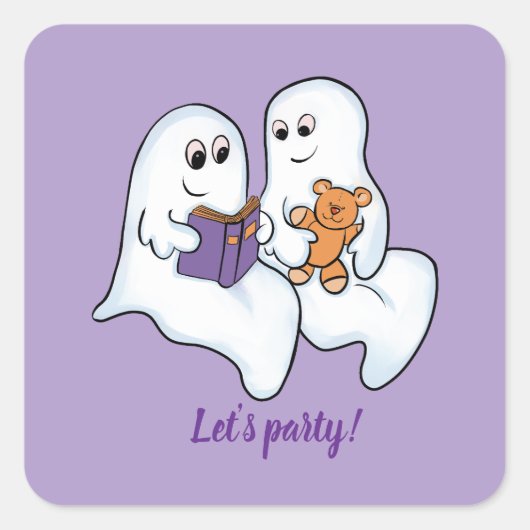 ハロウィーンに一緒に本を読む可愛いお化けたち スクエアシール (正面)