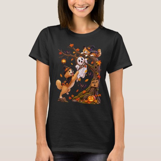 ハロウィーンに幽霊を救出する犬! Tシャツ (正面)