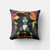 ハロウィーンに緑の肌のお茶を飲む魔女 クッション (正面)