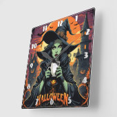 ハロウィーンに緑の肌のお茶を飲む魔女 スクエア壁時計 (傾斜)
