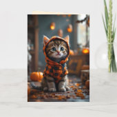 ハロウィーンに黒とオレンジのコートを着た可愛い子猫 カード (裏面)