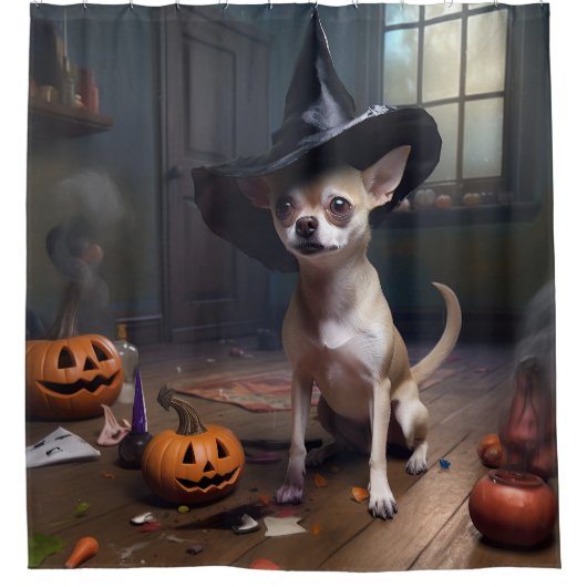 ハロウィーンのおばけチワワのかぼちゃ シャワーカーテン (正面)