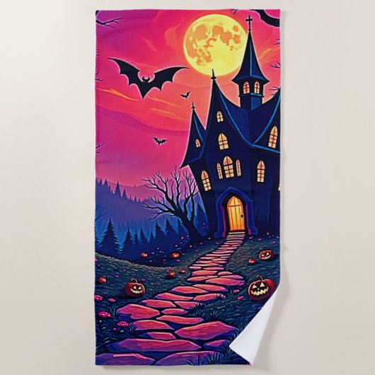 ハロウィーンのお化け屋敷アート ビーチタオル (正面)