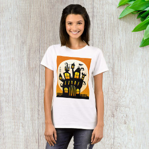 ハロウィーンのお化け屋敷シルエット満月 Tシャツ