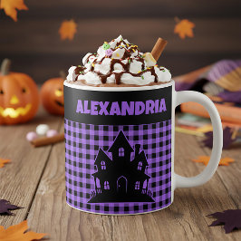 ハロウィーンのお化け屋敷パープル＆ブラック・チェック柄 名入れ コーヒーマグカップ