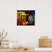 ハロウィーンのかかし、こうもりとカボチャ ポスター (キッチン)