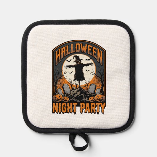ハロウィーンのかかしTシャツ ビンテージ 墓場パーティー_ 鍋敷き (正面)