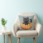 ハロウィーンのかぼちゃに佇む愛らしい黒猫 グリーン クッション (椅子)