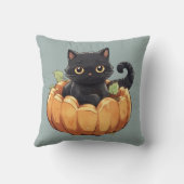 ハロウィーンのかぼちゃに佇む愛らしい黒猫 グリーン クッション (裏面)