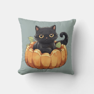 ハロウィーンのかぼちゃに佇む愛らしい黒猫 グリーン クッション