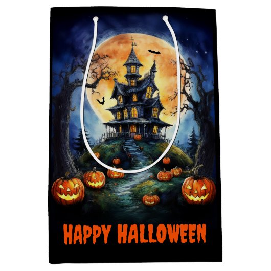 ハロウィーンのかぼちゃのハンティングハウス ミディアムペーパーバッグ (正面)