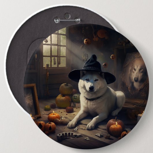 ハロウィーンのかぼちゃの秋田犬 スケアリー 缶バッジ (正面&裏面)