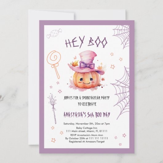 ハロウィーンのかわいい女の子の5歳の誕生日おめでとう 招待状 (正面)