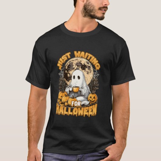 ハロウィーンのかわいい幽霊コーヒートリックを待っている Tシャツ (正面)