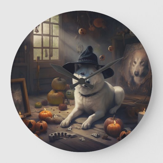 ハロウィーンのかわいい秋田犬のかぼちゃ ラージ壁時計 (正面)