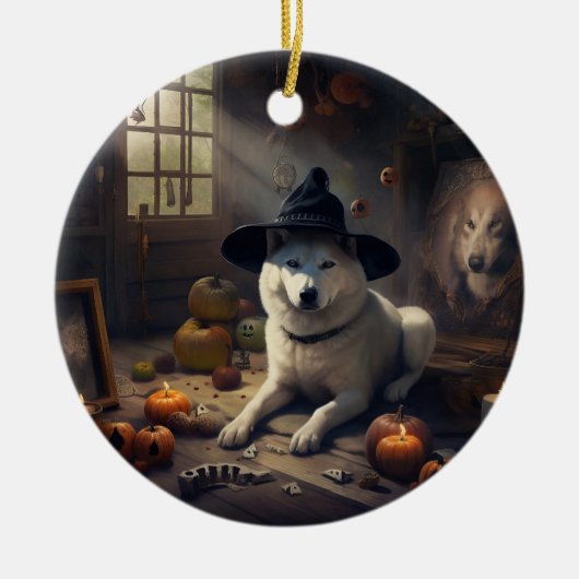 ハロウィーンのかわいい秋田犬 セラミックオーナメント (正面)