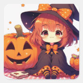 ハロウィーンのための可愛い小さな魔女 スクエアシール (正面)