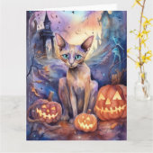 ハロウィーンのアビシニアン猫カボチャ怖 カード (黄色い花)