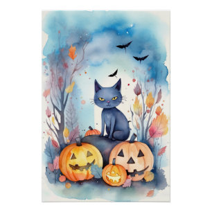 ハロウィーンのオリエンタルブルーキャットとかぼちゃの怖いデザイン ポスター