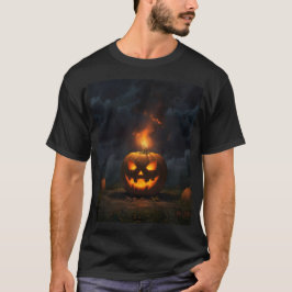 ハロウィーンのカボチャが草の中で燃えている Tシャツ