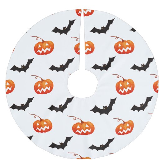 ハロウィーンのカボチャとこうもり，トリックまたは治療，ブー ブラッシュドポリエステルツリースカート (正面)