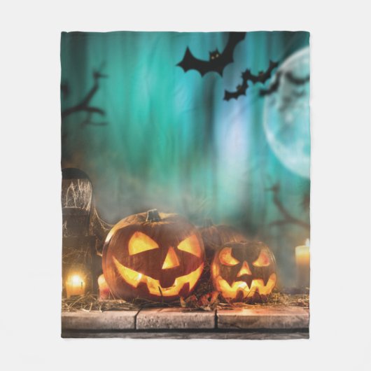 ハロウィーンのカボチャとこうもり フリースブランケット (正面)