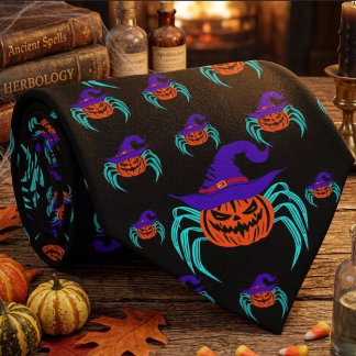ハロウィーンのカボチャとクモと魔女の帽子のかわいいデザイン ネクタイ