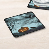 ハロウィーンのカボチャとレイヴン スクエアペーパーコースター (アングル)