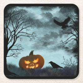 ハロウィーンのカボチャとレイヴン スクエアペーパーコースター