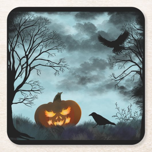 ハロウィーンのカボチャとレイヴン スクエアペーパーコースター (正面)