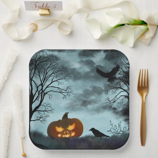 ハロウィーンのカボチャとレイヴン ペーパープレート (ウェディング)