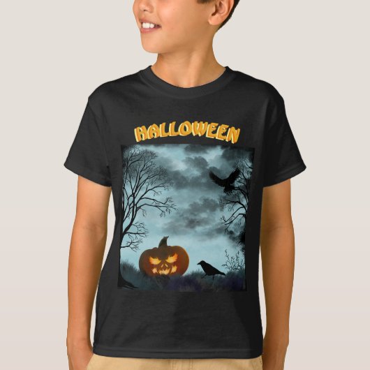 ハロウィーンのカボチャとレイヴン Tシャツ (正面)