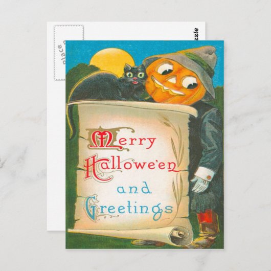 ハロウィーンのカボチャのちょうちんかかし黒猫 ポストカード (正面/裏面)