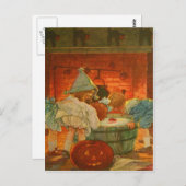 ハロウィーンのカボチャのちょうちんかぼちゃがアップルブラックキャットをボビング ポストカード (正面/裏面)