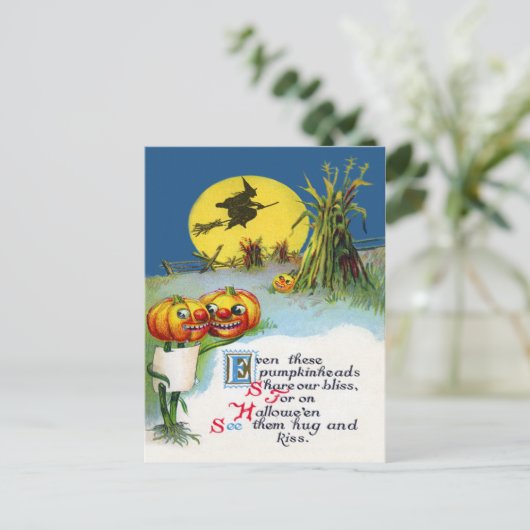 ハロウィーンのカボチャのちょうちんかぼちゃ魔女フルムーンハイスタック ポストカード (スタンド正面)