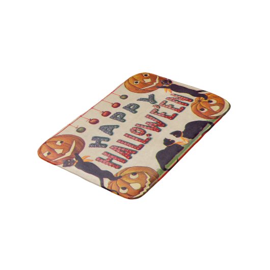 ハロウィーンのカボチャのちょうちんかぼちゃ黒猫りんご バスマット (アングル)