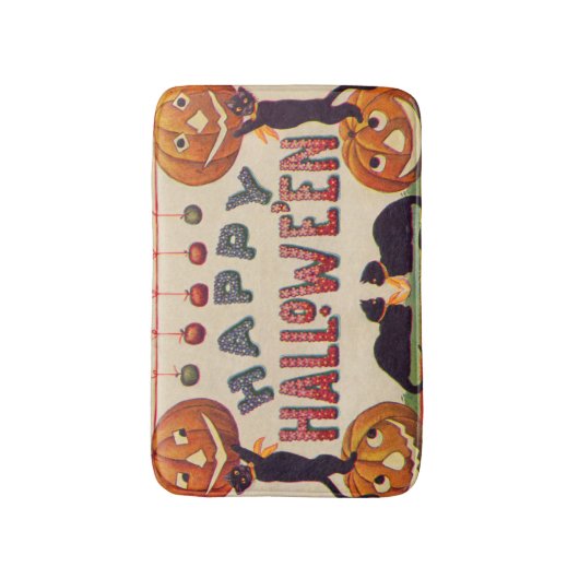 ハロウィーンのカボチャのちょうちんかぼちゃ黒猫りんご バスマット (正面縦)