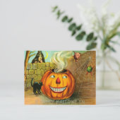 ハロウィーンのカボチャのちょうちんかぼちゃ黒猫スパイダーウェブ ポストカード (スタンド正面)